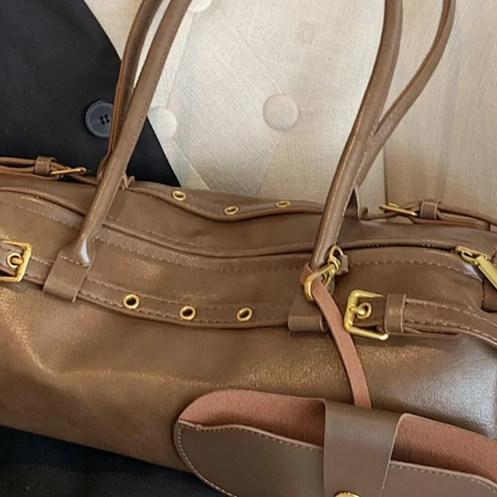 Wome'ns Brown PU Leather Tote Bag Casual Bowling Bag Purse Retro Underarm